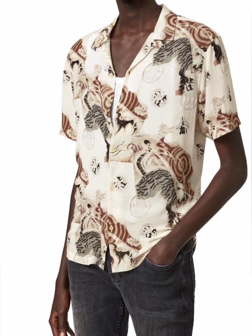 All Saints Men's Akita Tiger Print Button Up Short Sleeve Shirt L